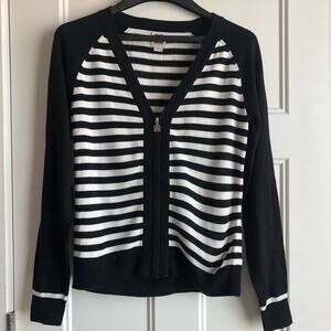 ANN KLEIN stripe cardigan sweater gold zipper